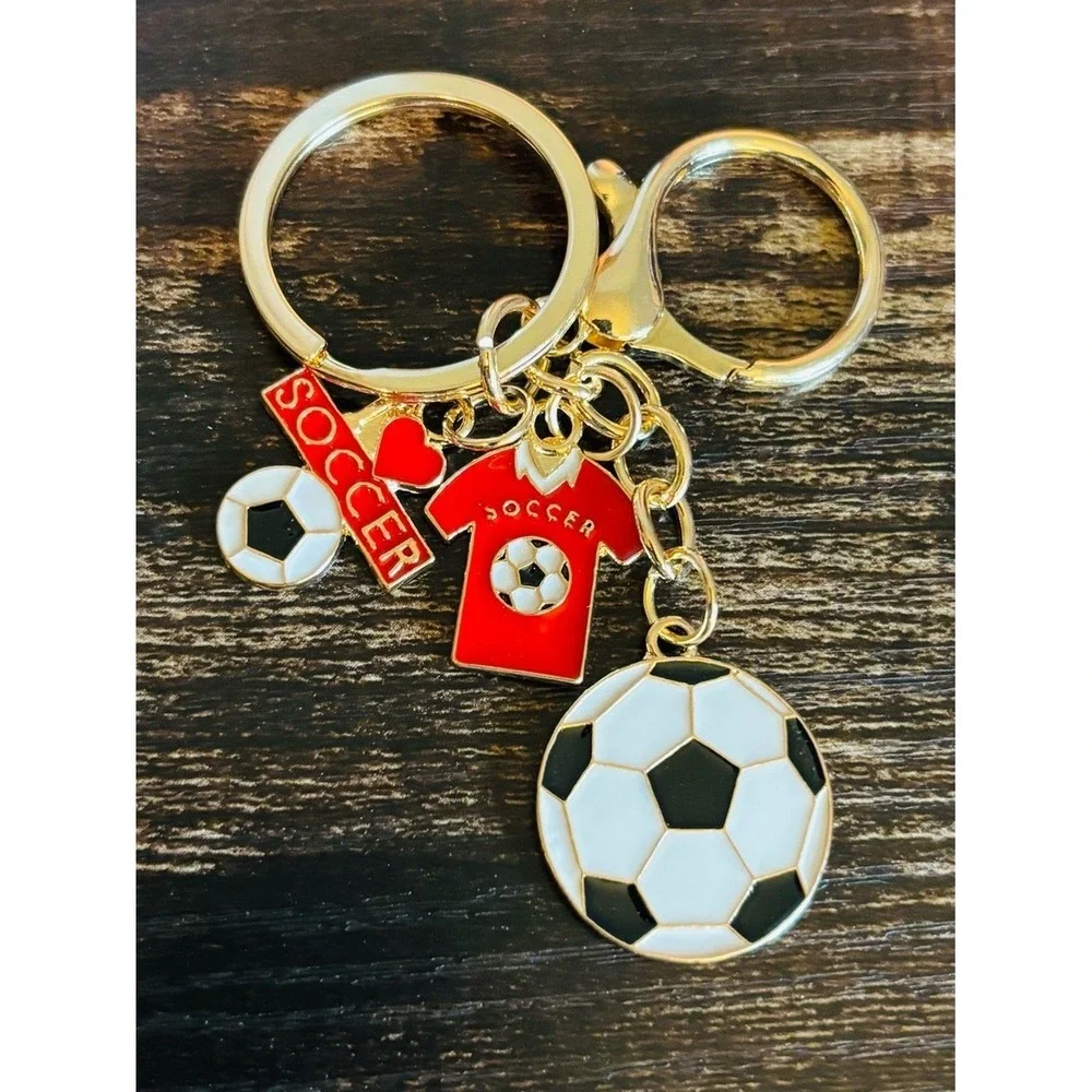 Red Soccer Charms Keychain with Mini Soccer Ball in Gold Tone Hardware